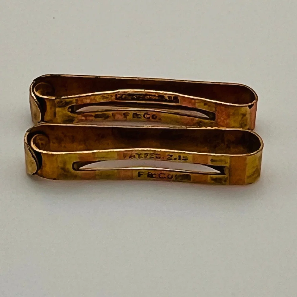 Antique F & Co Engraved Collar Clips Gold Tone Pat 1915 Set 2 Edwardian